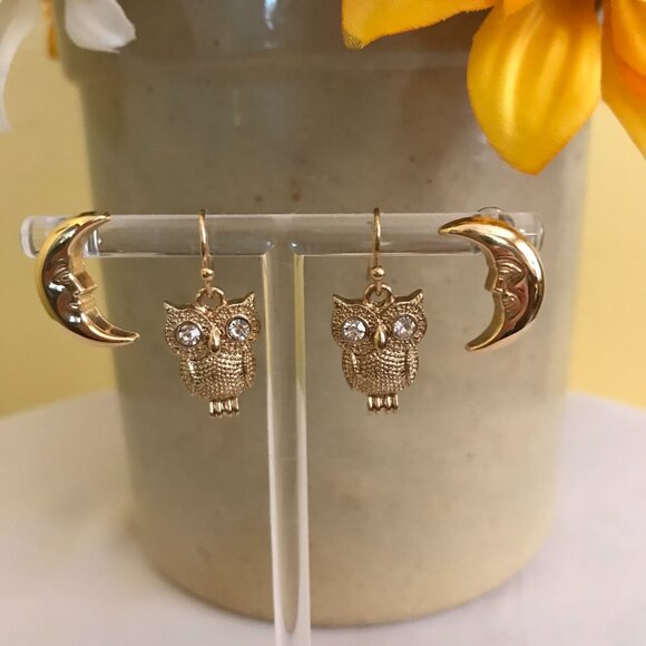 Gold Tone Earring Set - Moon & Owl - Picture 1 of 4